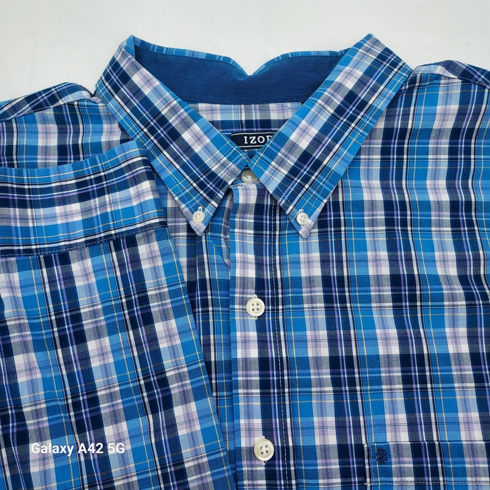 IZOD Mens 3XLT Blue Plaid Button‎ Down Shirt Premium Essentials 100% Cotton